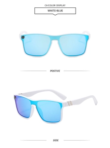 Macro side and front view of white matte frame sunglasses with blue mirrored lenses