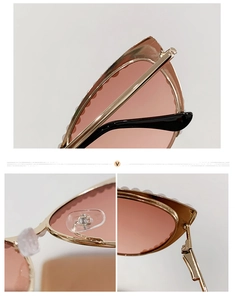 Detail of gold cat-eye sunglasses with pearl embellishments and pink gradient lenses