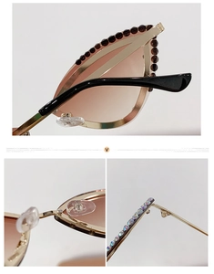 Detail view of gold metal sunglasses with rhinestones and brown gradient lenses