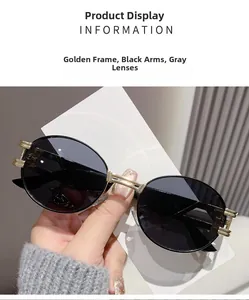 Detailed macro view of retro oval sunglasses featuring golden frames and black temples
