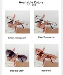 Detail view of four stylish cat-eye glasses frames with elegant pearl embellishments