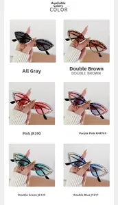 Detailed grid showing six color options of rimless cat-eye sunglasses with rhinestone edges