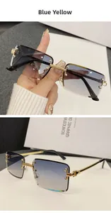 Detail of rimless rectangle sunglasses with blue-yellow gradient lenses and gold metal arms