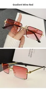 Detail of gradient wine red rimless sunglasses with gold hollow metal temples
