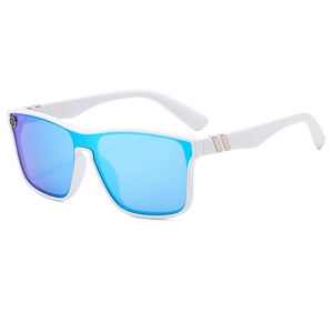 Retro punk wrap-around sunglasses with white frame and blue reflective lenses
