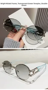 Detailed view of nickel-finish oval metal frame and transparent green temples on sunglasses