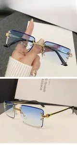 Detail of rimless blue gradient sunglasses with gold metal frame and textured temples