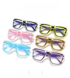 Detail view of colorful square anti-blue light glasses frames in six various trendy colors