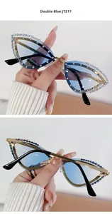 Detail view of double blue gradient cat-eye sunglasses with rhinestone edges JT217