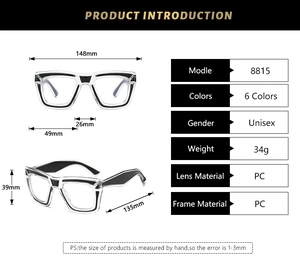 Close-up of unisex two-tone square blue light blocking glasses with frame dimensions