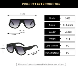 Detailed infographic showing oversize goggle sunglasses dimensions and PC material specs