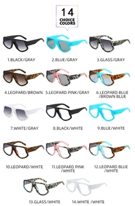 Grid view of 14 choice colors of irregular oversized sunglasses with colorful frames