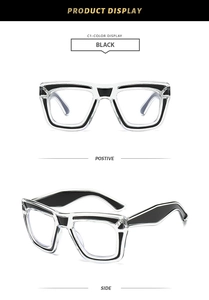 Macro detail of square color-blocked blue light glasses in black and transparent resin