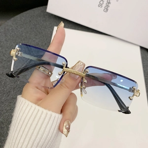 Classic rimless square sunglasses with blue gradient lenses and gold metal frame
