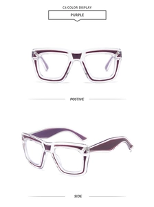 Front and side views of square color-blocked blue light blocking glasses in purple finish