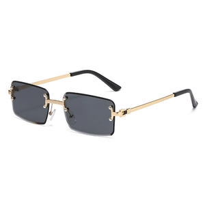Classic vintage rimless square sunglasses with gold metal frame and dark grey lenses