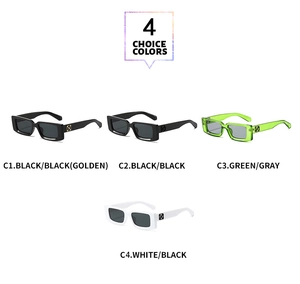 Detail showing rectangular sunglasses in four colors with distinctive cross hinge metal logo