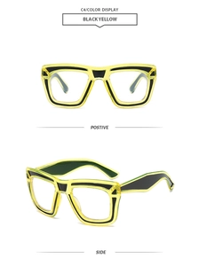 Detail of square black and yellow color-block glasses frame from front and side views