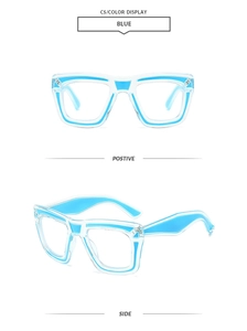 Detail view showing blue color-block square frames with a transparent finish and side temple