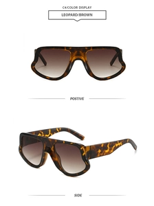 Front and side view of leopard print oversized sunglasses with brown gradient lenses
