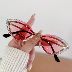 Chic rimless cat-eye sunglasses with red gradient lenses and rhinestone-encrusted frame