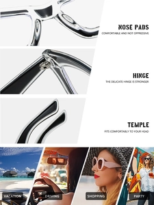 Detail view of square eyeglass hinges, soft nose pads and stylish temple arm design