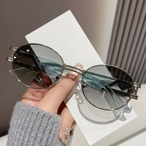 Retro oval sunglasses with gradient blue lenses and silver metal double-bridge frame