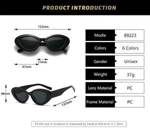 Detailed size chart for vintage cat-eye sunglasses featuring exact frame measurements