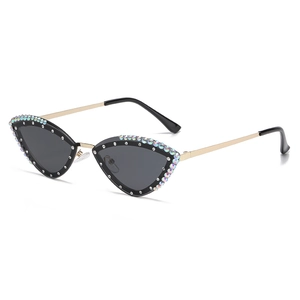 Fashion rimless cat eye sunglasses with colorful crystals and gray lenses