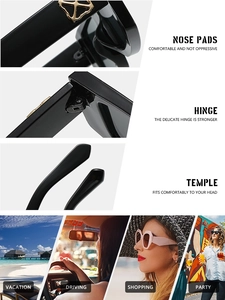Detail of square sunglasses featuring reinforced hinges, nose pads, and lifestyle scenarios