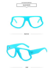 Detail view of bold blue irregular sunglasses frame with modern wavy geometric design