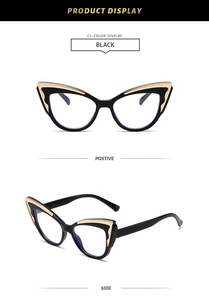Front- und Seitenansicht der Vintage-Cat-Eye-Brille mit schwarzen Rahmen und Goldakzenten