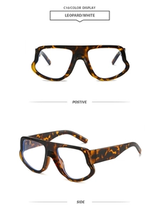 Detail view of large leopard print frame sunglasses with wide temples from multiple angles