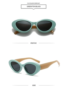 Detailed views showing the green tea cat-eye frame and dark grey lenses from multiple angles