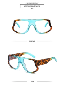 Detailed views of oversized geometric sunglasses in leopard print and blue gradient