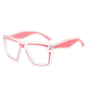 Modern square color-block anti-blue light glasses with frosted white and pink frames