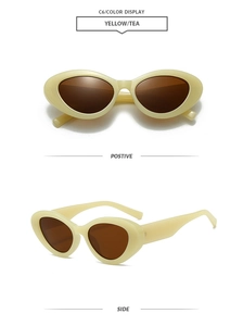 Detailed views of vintage oval cat eye sunglasses with yellow frames and tea lenses