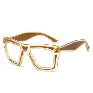 Retro square color-block eyeglasses with champagne and brown frames in a 45-degree view