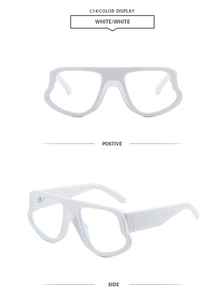 Front and side view of white irregular wavy frame sunglasses in oversized street style
