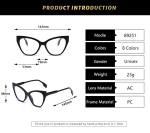 Detailed size chart for vintage cat eye glasses with precise frame and lens dimensions