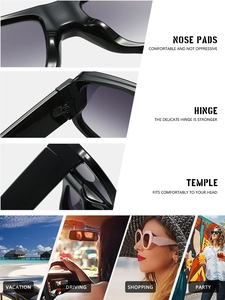 Detail view of oversized sunglasses showing comfy nose pads, sturdy hinges and wide temples