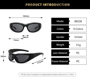 Detailed size specifications for black punk sports sunglasses with frame and temple dimensions
