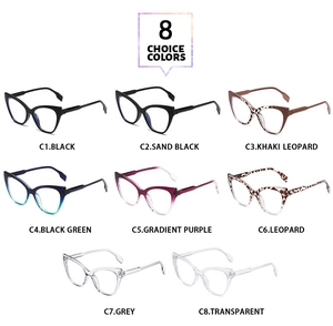Detailed catalog showing 8 stylish cat-eye glasses frames in multiple colors and textures