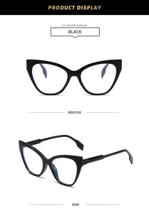 Detail of glossy black cat-eye eyeglass frames showing front and side profile views