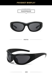 Front and side views of black wrap-around sporty sunglasses with matte frames