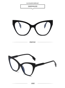 Detailed view of sand black cat eye glasses frames showing front and side perspectives