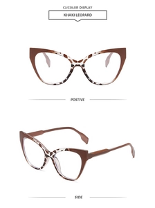 Detail view of khaki leopard cat-eye frames with thick acetate build and side structure