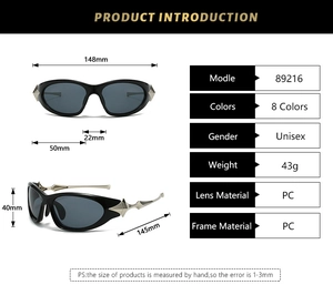 Detailed specs of punk style sunglasses with silver spikes and dimensions on white background
