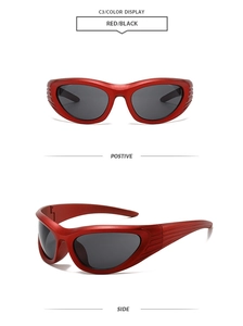 Close-up of matte red sports sunglasses with wraparound frame and sleek grey lenses