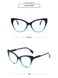 Cat-eye glasses frame with blue-green ombre gradient in front and side view